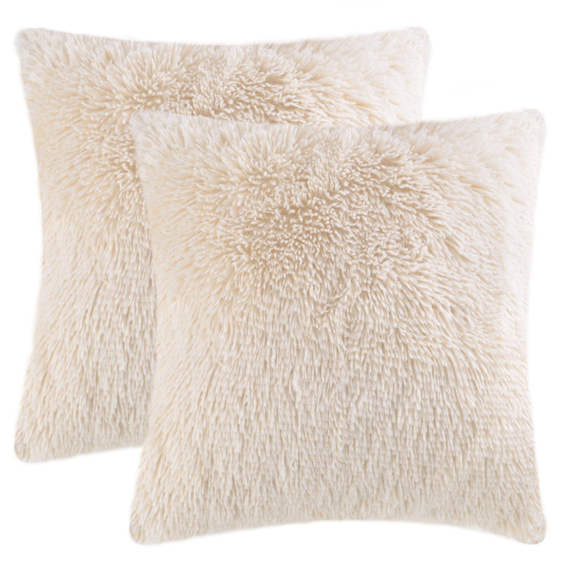 Tassels Faux Fur Pillow Cover, Beige, 24"H x 24"W