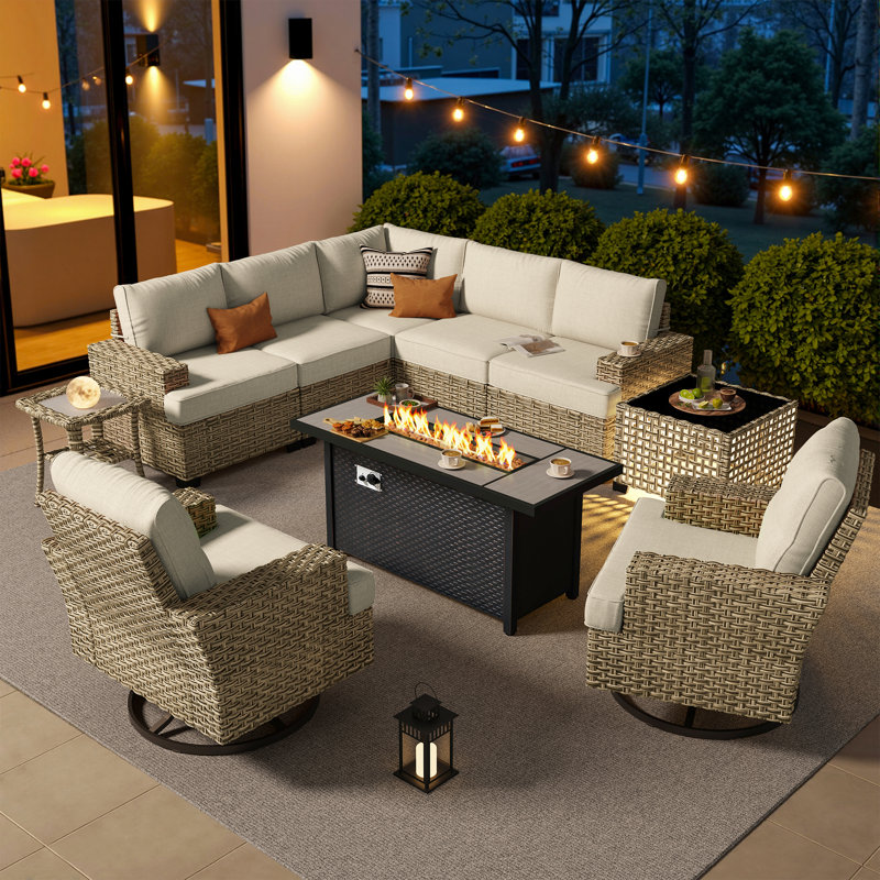 Ensemble de conversation en osier pour 7 personnes avec coussins Dzion, Beige, Oui