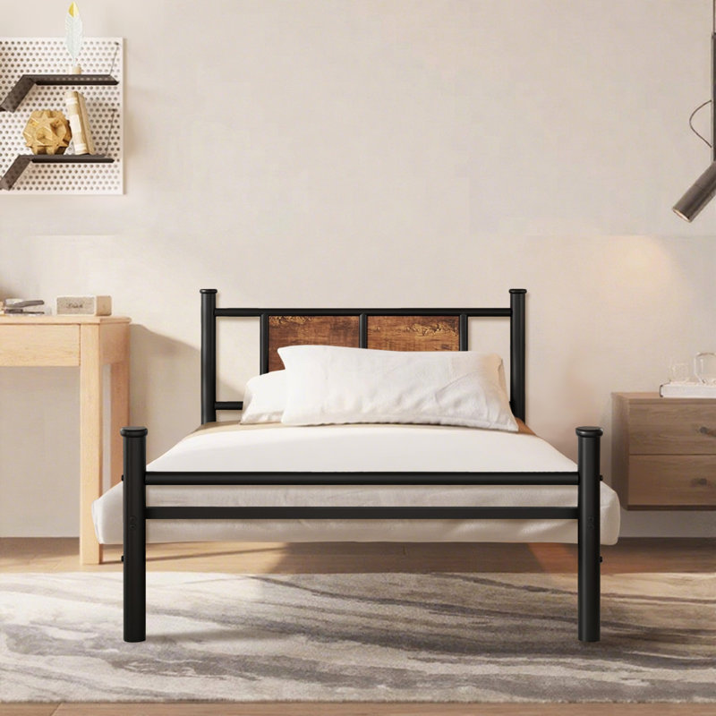Structure de lit simple avec tête et pied de lit en bois, support de lattes en métal robuste pour plateforme de lit simple, aucun sommier requis, assemblage facile