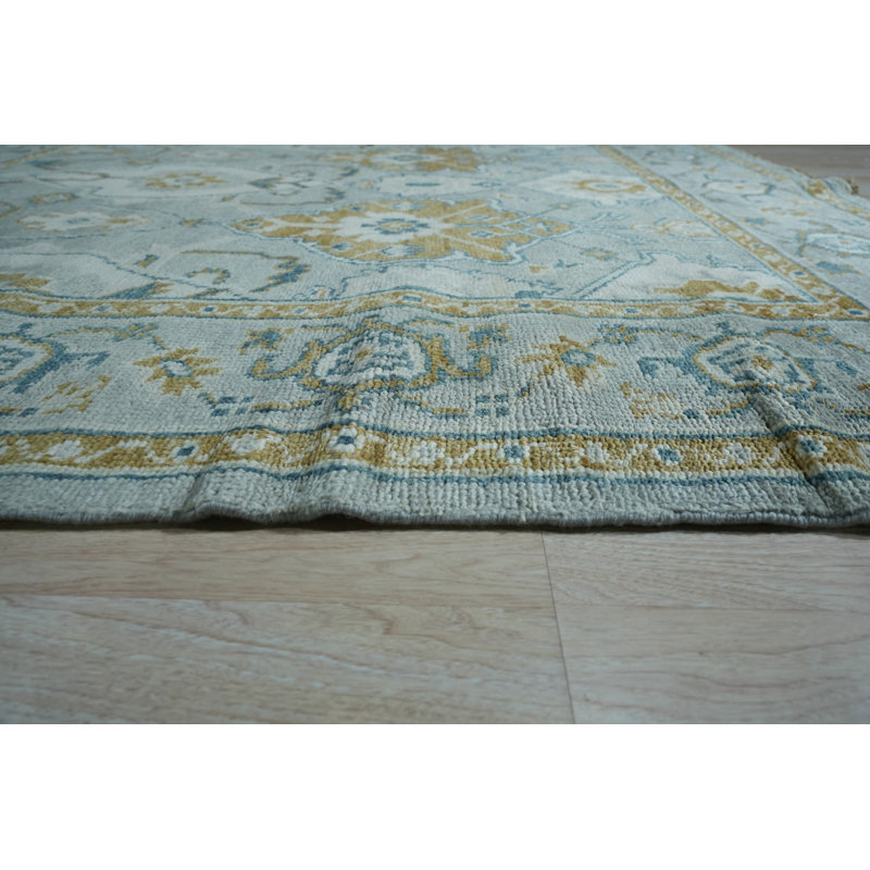 Gray Hand-Knotted Wool Framed Rosettes Geometric Modern Contemporary Carpet Rug, 9' x 12'