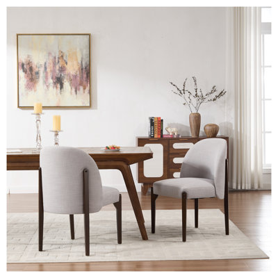 Set of 2 Mid-Century Modern Dining Chairs - Grey Fabric Upholstered Kitchen Side Chairs with Sturdy Rubberwood Legs