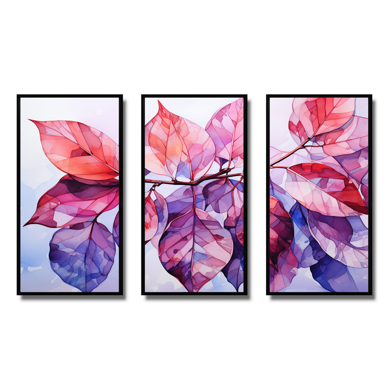 Rose et mauve, plantes tropicales, feuilles I - fuchsia, art mural, Cadre flottant noir, H 28 po x l 36 po x P 1 po