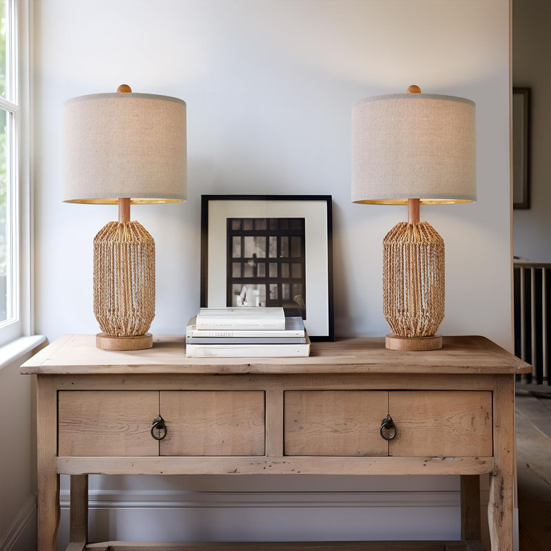 21" Brown Rattan and Linen Farmhouse Table Lamps Set of 2