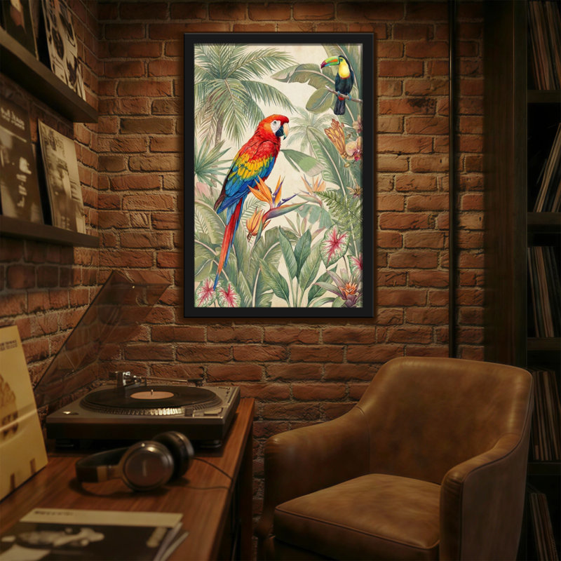 Animaux, oiseaux tropicaux et plantes luxuriantes, H 30 po x l 20 po