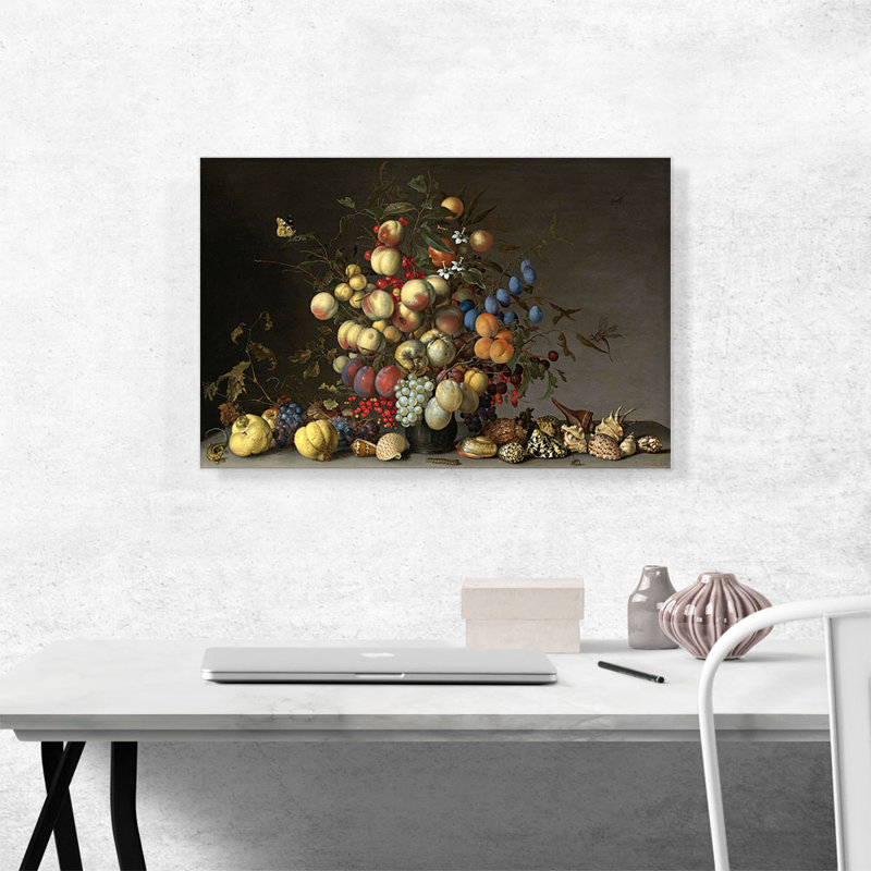 «Pêches et fruits dans un vase en étain» par Balthasar van der Ast - impression sur toile tendue