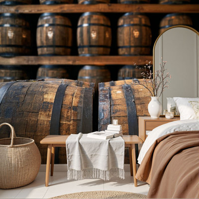 Peel and Stick Wallpaper Stack Wooden Whiskey Barrels Wall Murals 69"H x 96"W Removable PVC Wall Paper Self-Adhesive Wall Decor for Bedroom Living Room Home Office