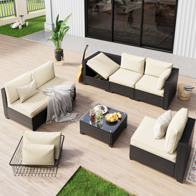 Ensemble de conversation modulaire d'extérieur en osier avec housse de mobilier imperméable pour 6 personnes pré-assemblé