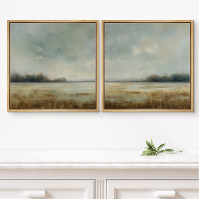 Soft Mist Marshland Blue and Neutral Horizon Landscape Framed Master Bedroom Wall Art Work 2 Pieces Print
