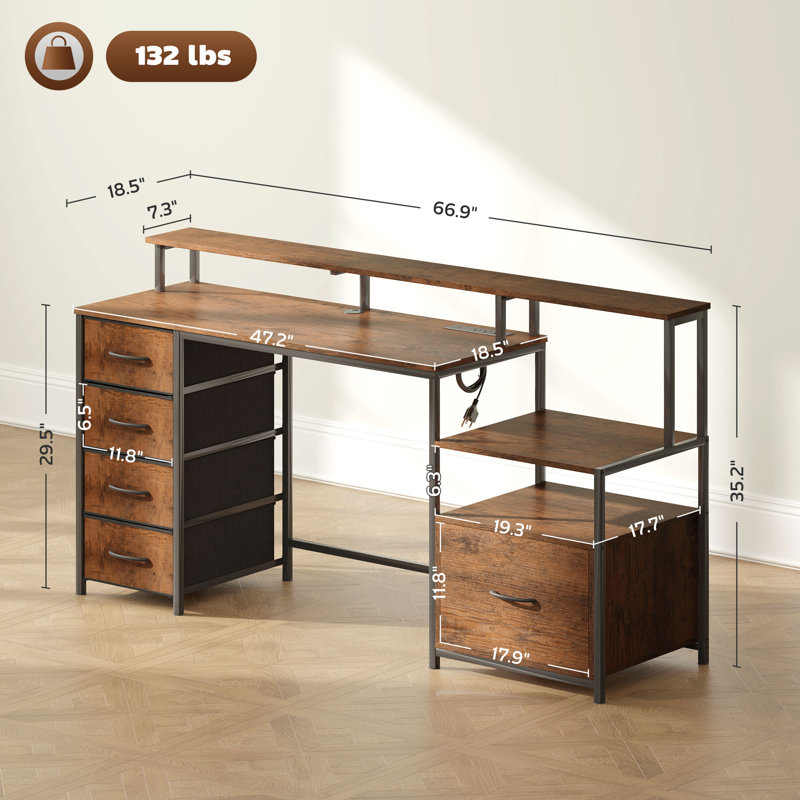 Bureau d'ordinateur 67 po avec classeur et tiroirs, bureau à domicile avec lumières DEL, bois, Brun