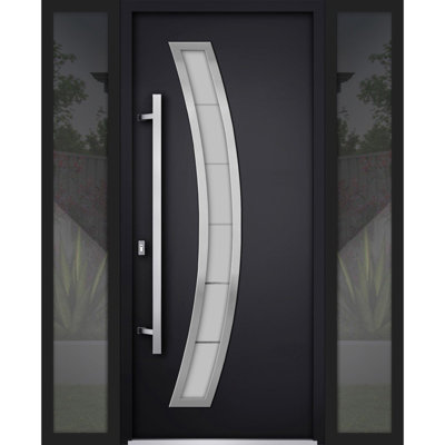 Front Exterior Prehung Steel Door Deux 6500 White 2 Side Exterior Windows Stainless Inserts Single Modern Painted-W12+36+12 x H80-Left-hand Inswing