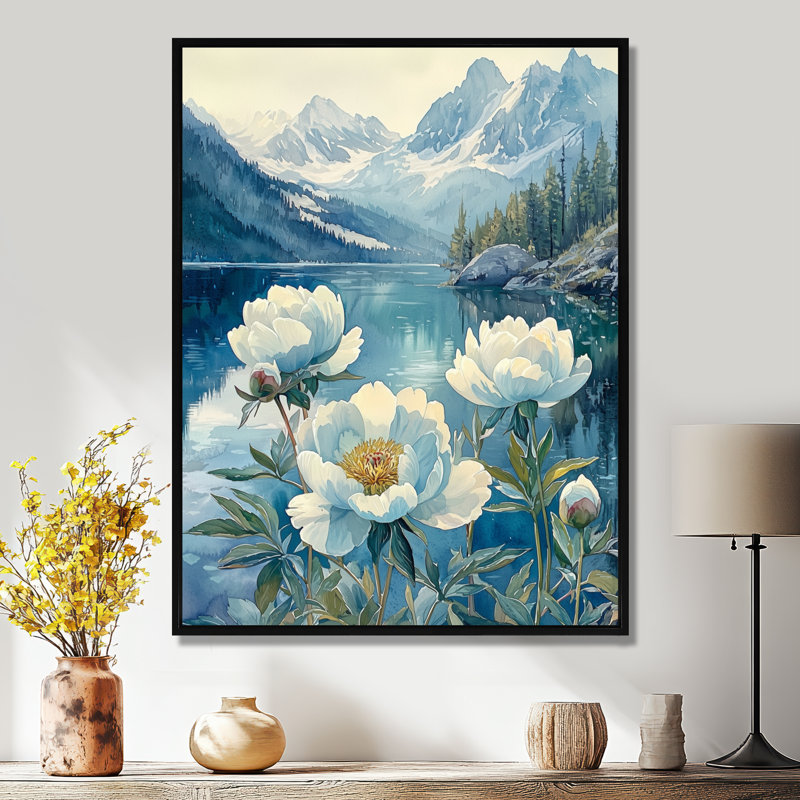 Pivoines au bord du lac de montagne en hiver II - pivoines, reproduction sur toile, H 20 po x l 12 po, Noir