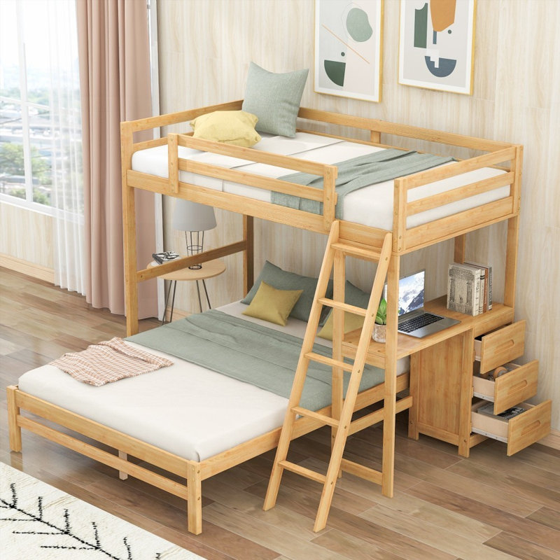Lit superposé simple avec bureau intégré et trois tiroirs, construction solide et grand rangement (L 77 po x l 77,5 po x H 64 po)