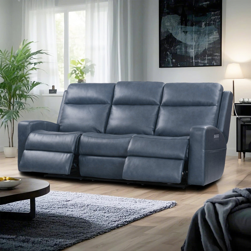 Canapé inclinable à bras carré en cuir véritable de 89 po Syeed, Cuir véritable bleu