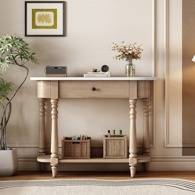 Narrow Console Table With Curved Corner And Top Drawer And Open Shelf by Charlton Home