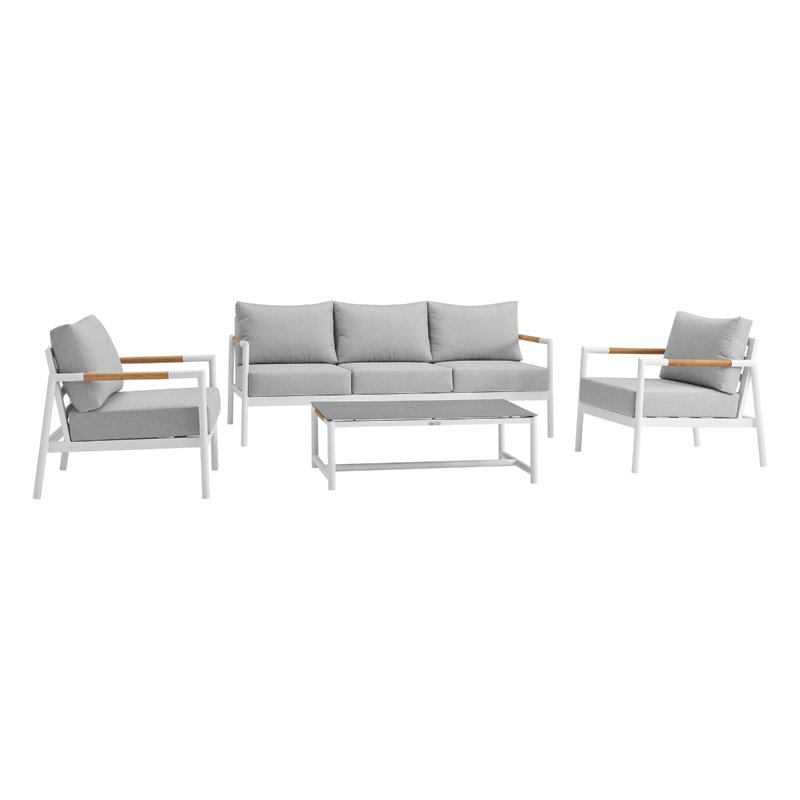 Urgeon 4 Piece Outdoor Seating Set in Aluminum and Teak with Cushions, Light Grey Performance, White