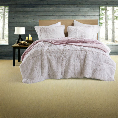 Luxurious King/cal King Bedding Set, Shaggy Faux Fur Texture, Pink & White Style