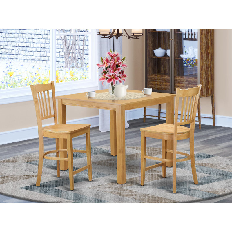 Ensemble de salle à manger 3 pièces à hauteur de comptoir pour petits espaces comprenant une table carrée en bois et 2 chaises de cuisine, chêne