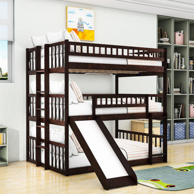 Full Over Full Over Full Wooden Triple Bunk Bed With Ladders, Guardrails And Slide