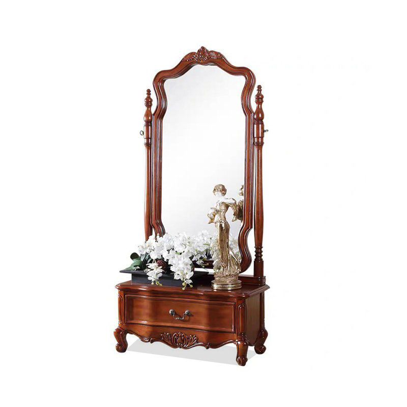Vintage Carved Solid Wood Full-Length Cheval Mirror with Storage Drawer