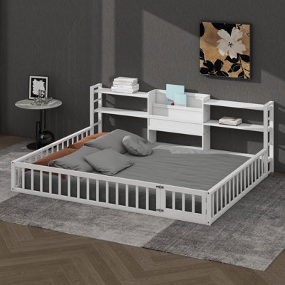 Cadre de lit bas avec bibliothèque et étagères de rangement à 3 niveaux pour chambre d'enfant ou d'adolescent