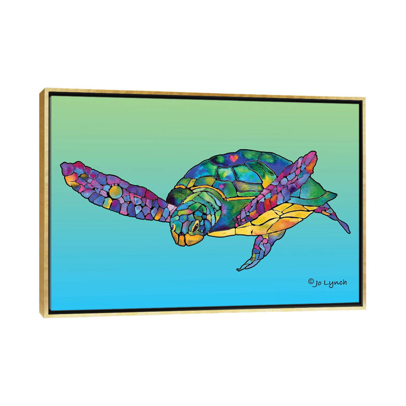 «Sea Turtle Celebration» par Jo Lynch - reproduction d'art, H 18 po x l 26 po x P 1,5 po, Toile avec cadre or, Aucun mat