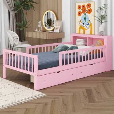 Lit plateforme simple pour enfant avec support de tête de lit, deux tiroirs sous le lit, trois barrières de sécurité pour plus de sécurité