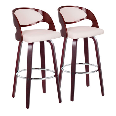 Tabouret de bar 30 po à hauteur fixe Mid-Century avec pivot en bois de cerisier et similicuir blanc avec repose-pieds rond en métal chromé - ensemble de 2