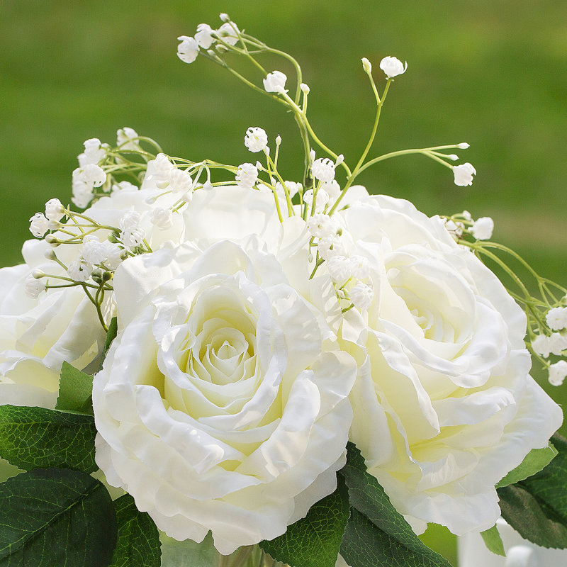 Silk Roses Arrangement in Vase, White/Green
