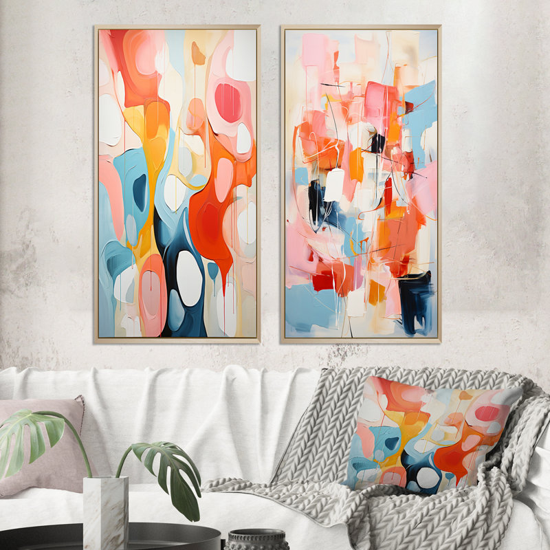 Abstraction atomique rose beige Mid-Century «Abstraction atomique rose beige Mid-Century» - 2 pièces, Encadrement brun