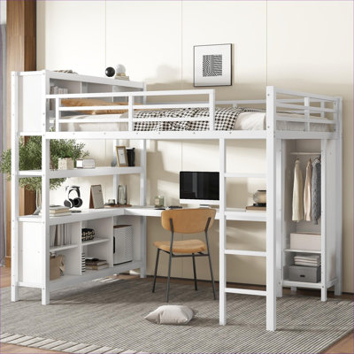Grand lit mezzanine multi-fonctions avec rangement, structure moderne en métal blanc avec garde-robe et bureau en L