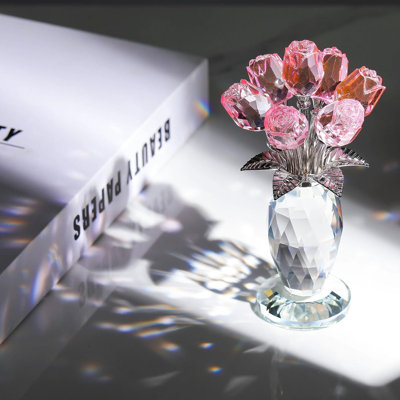 Handmade Crystal Rose Bouquet With Decorative Vase, Floral Tabletop Accent For Home Décor
