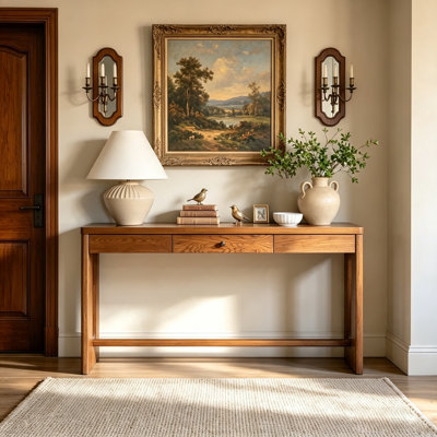 Table d'entrée en bois 59,8 po avec console rétro en placage de chêne avec tiroir et poignée ronde, table de canapé multifonctionnelle avec pied ovale pour le couloir, l'entrée et le salon