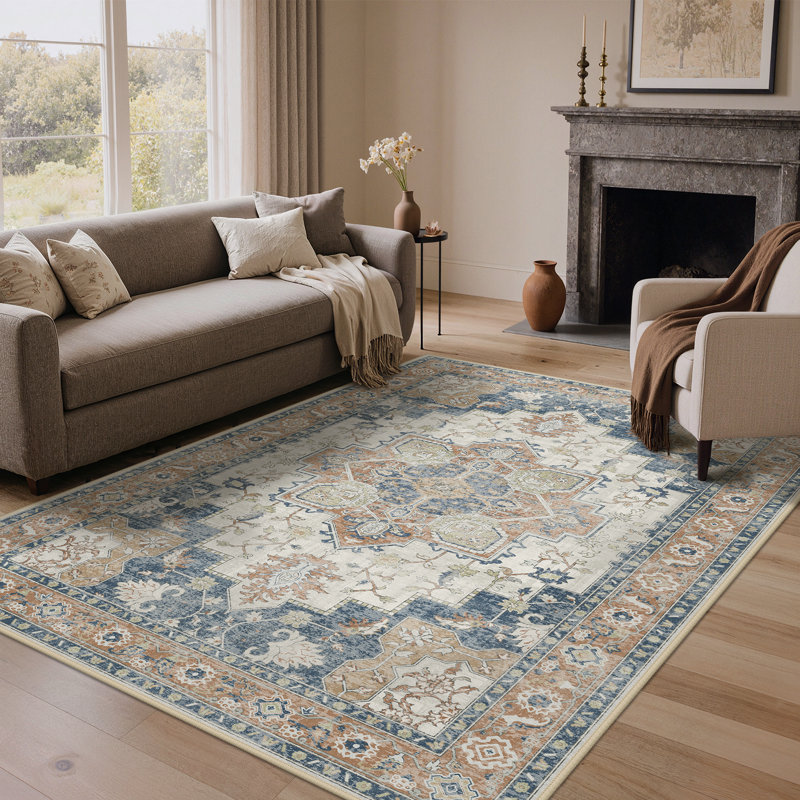 Tapis oriental performance Roehit, Rectangulaire 8 pi x 10 pi, Bleu / Orange