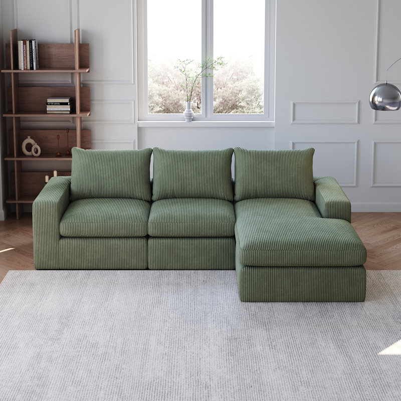 Canapé modulaire en L Boneless en forme de L avec méridienne et trois coussins Boneless, Velours côtelé vert