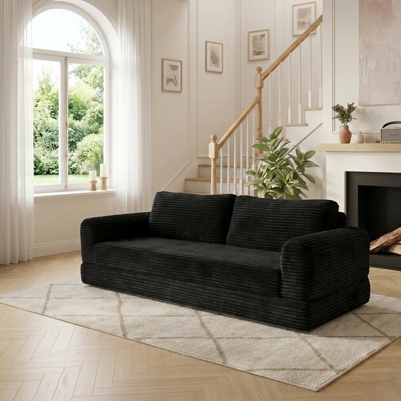 Canapé-lit futon de 76 pouces rétro convertible avec siège à nuage profond et housses lavables, Black