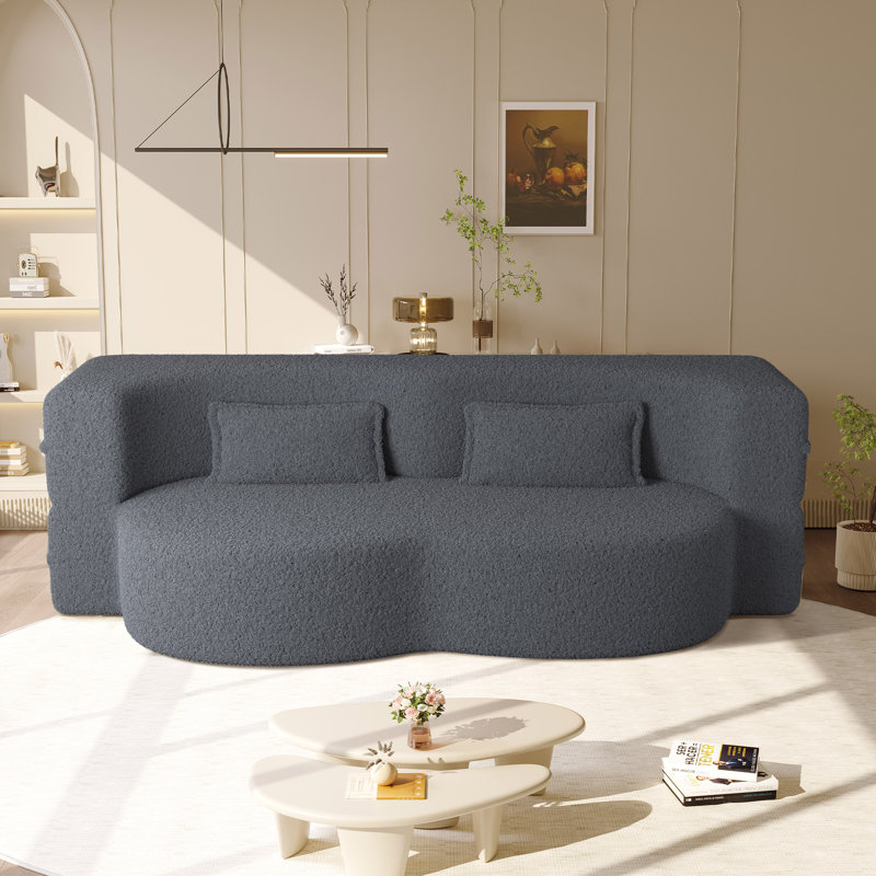 Evren Boneless Modern Minimalist Compression Convertible Floor Sofa Bed with Pillows, Teddy Gray, 30" H x 78" W x 45" D