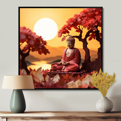 Bouddha rouge au coucher du soleil d'automne, impression d'art mural bouddhisme