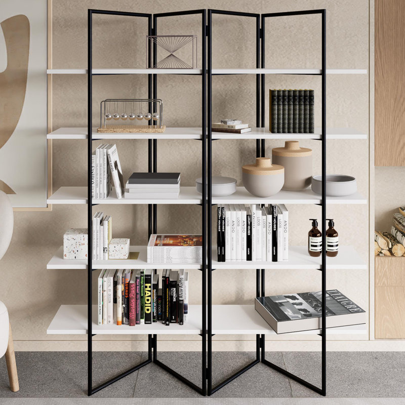 Bibliothèque pliante noire à cadre métallique noir, panneau large, séparateur, Noir / blanc