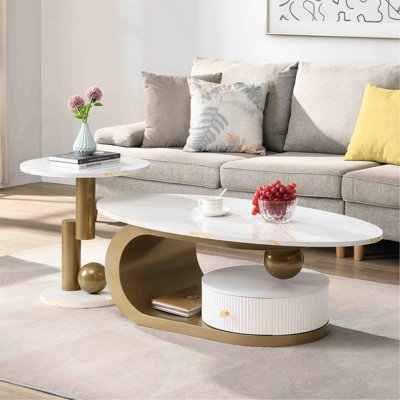Modern Golden Coffee Table Of 2 - Living Room Oval And Round Tables With Firm Metal Frame Faux Marble Plastic Drawer Easy Assembly Provided For & Composition Declared