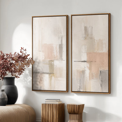 Soft Beige Blush Geometric Abstract – Set of 2 Framed Wall Art Print on Canvas 60"x20"x2, 60"x30"x2