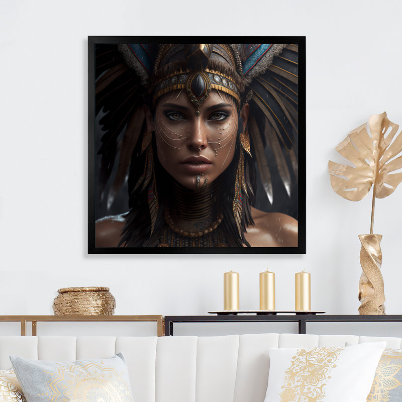 Femme bohémienne avec coiffe en plumes I - reproduction sur toile, Impression noire sur toile encadrée, L 16 po x H 16 po