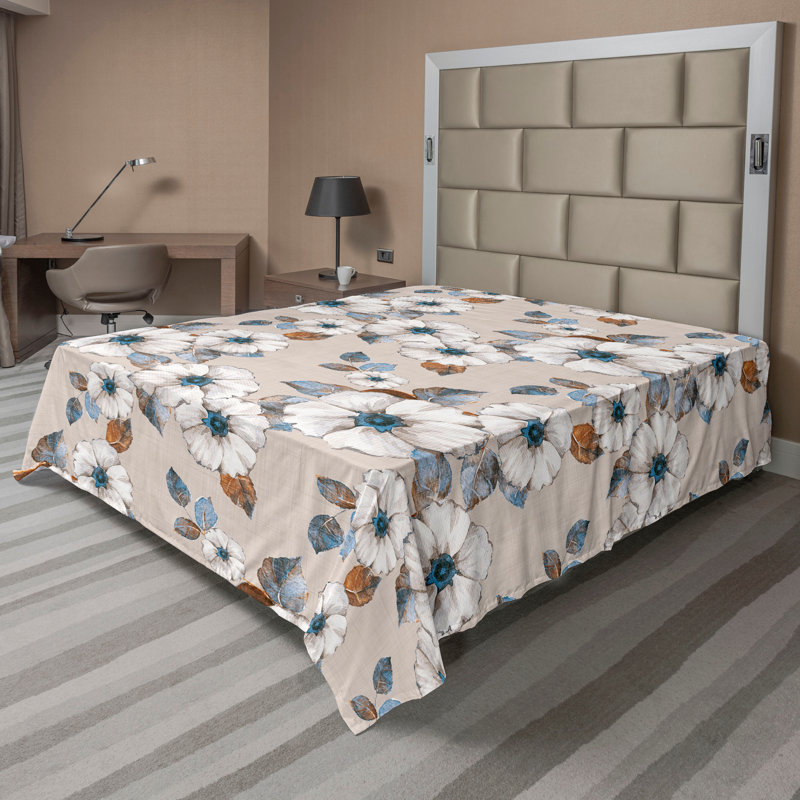 Drap plat Ambesonne fleurs rétro fleurs brun clair printemps gingembre bleu mer, Drap plat de taille double