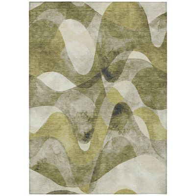 10' X 14' Olive Green Abstract Washable Non Skid Indoor Outdoor Area Rug