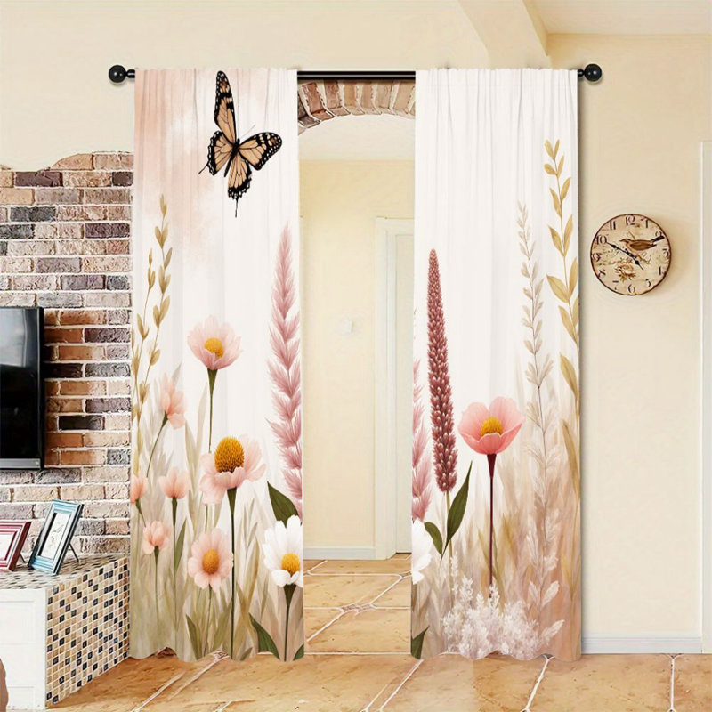 2Pcs Floral Butterfly Curtains, Nature-Inspired Design, Rod Pocket Sun Blocking, Boho Farmhouse Style, All-Season For Living Room Bedroom Study Window Decor