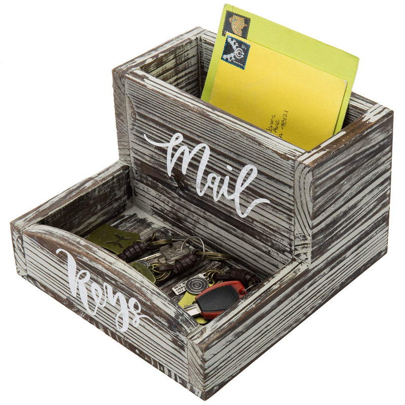 Rustic Torched Wood Mail Holder And Key Organizer Entryway Storage Tray With Cursive Mail And Keys Word Design