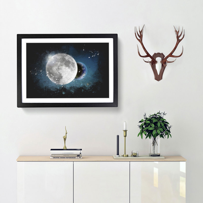 Earth Behind The Moon Paint Splash - Picture Frame Graphic Art, Black Framed, 45cm H x 63cm W x 2cm D
