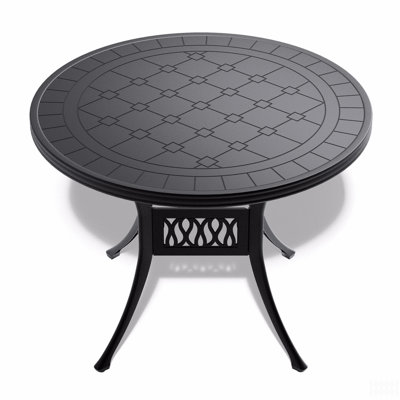 Cast Aluminum Patio Dining Table With Black Frame And Carved Texture On The Tabletop
