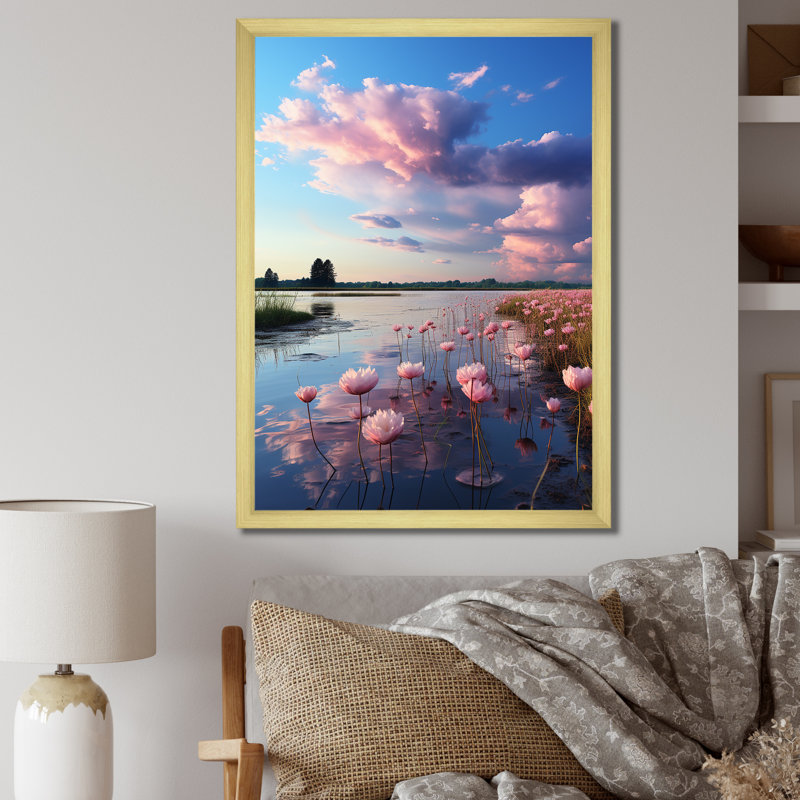 «Pink Blue Sky Celestial Beauty Mute II», impressions sur toile florales, H 40 po x l 30 po x P 1,5 po, Encadrement doré