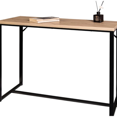 Console de style côtier au design américain moderne, plateau en bois naturel et supports en métal noir, 99 cm x 36 cm, idéale pour ranger les affaires dans une entrée ou un couloir.