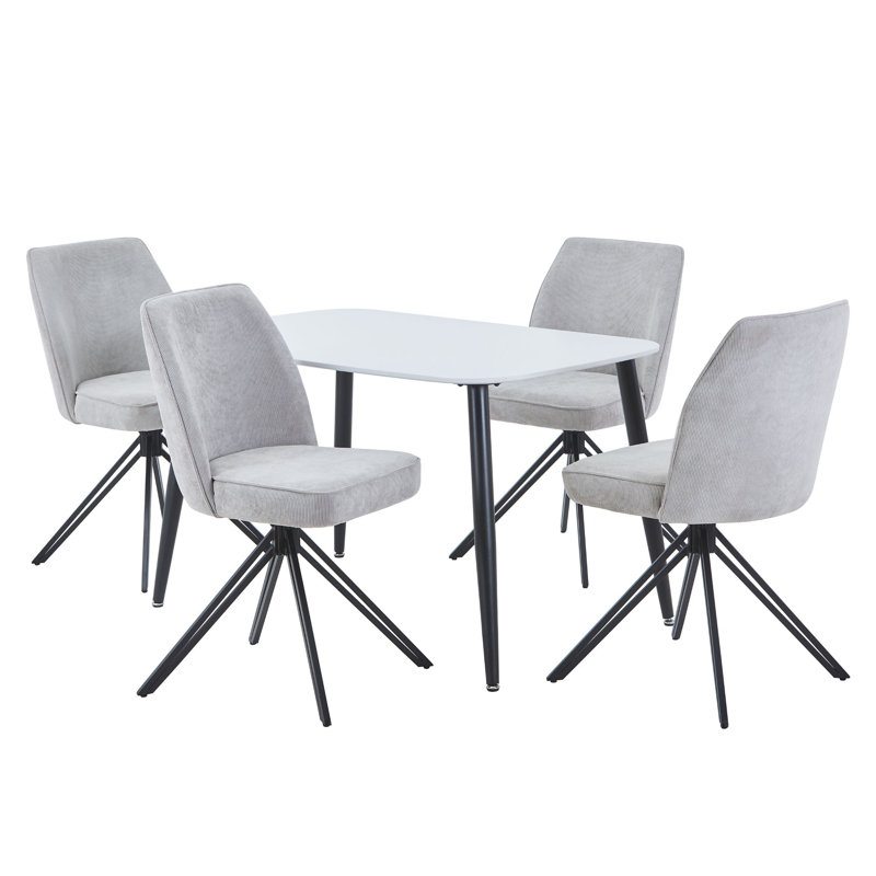 Aspen Rectangular Dining Table with 4 Swivel Upholstered Fabric Chairs - Modern Dining Set, White, Light Grey